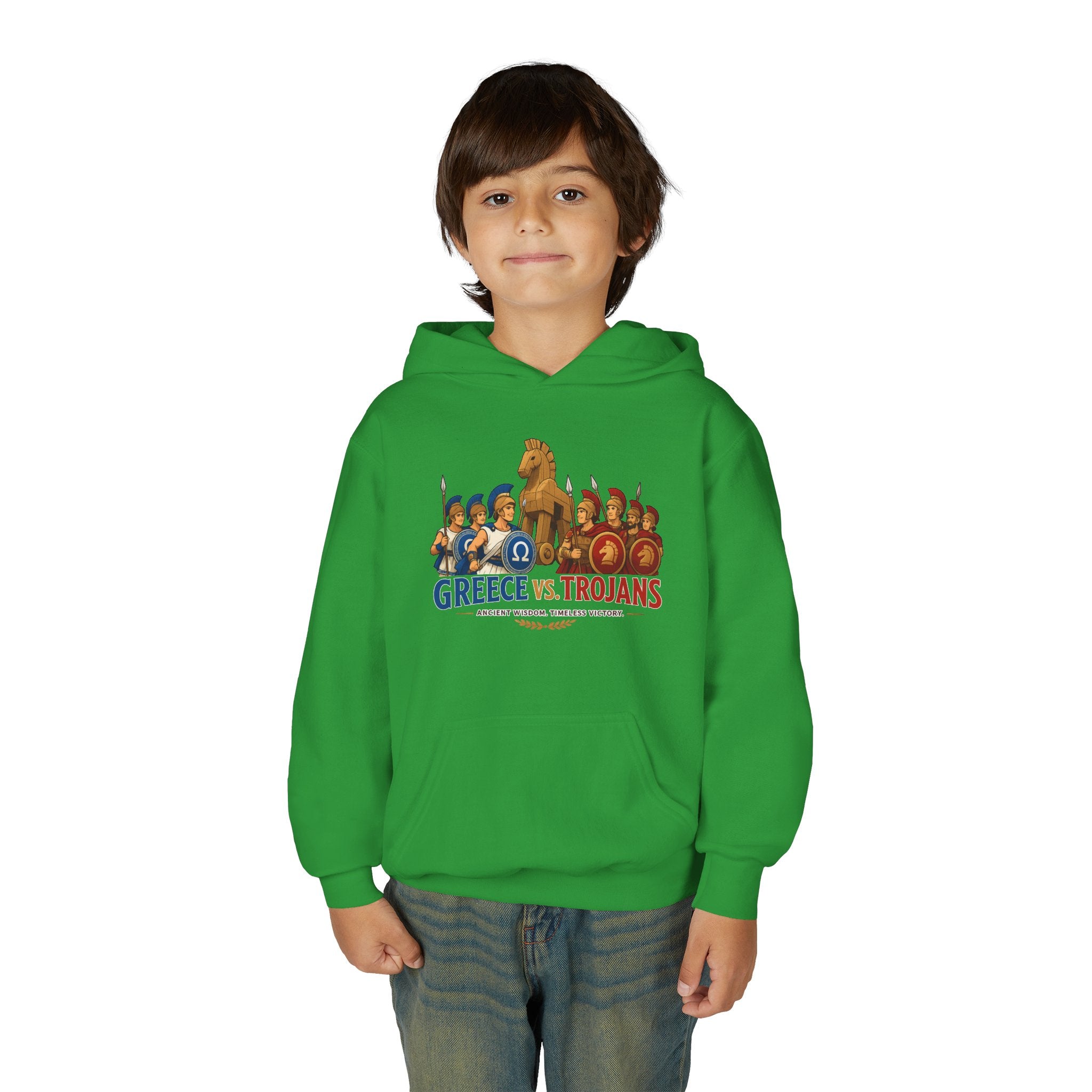 Greece vs. Trojans Youth Hoodie — Mythical Spartan vs Trojan Battle Graphic