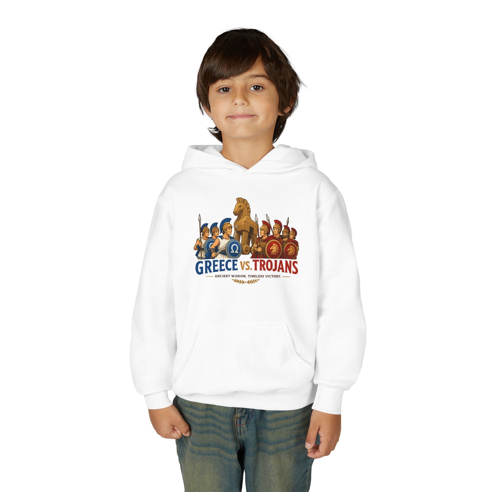 Greece vs. Trojans Youth Hoodie — Mythical Spartan vs Trojan Battle Graphic