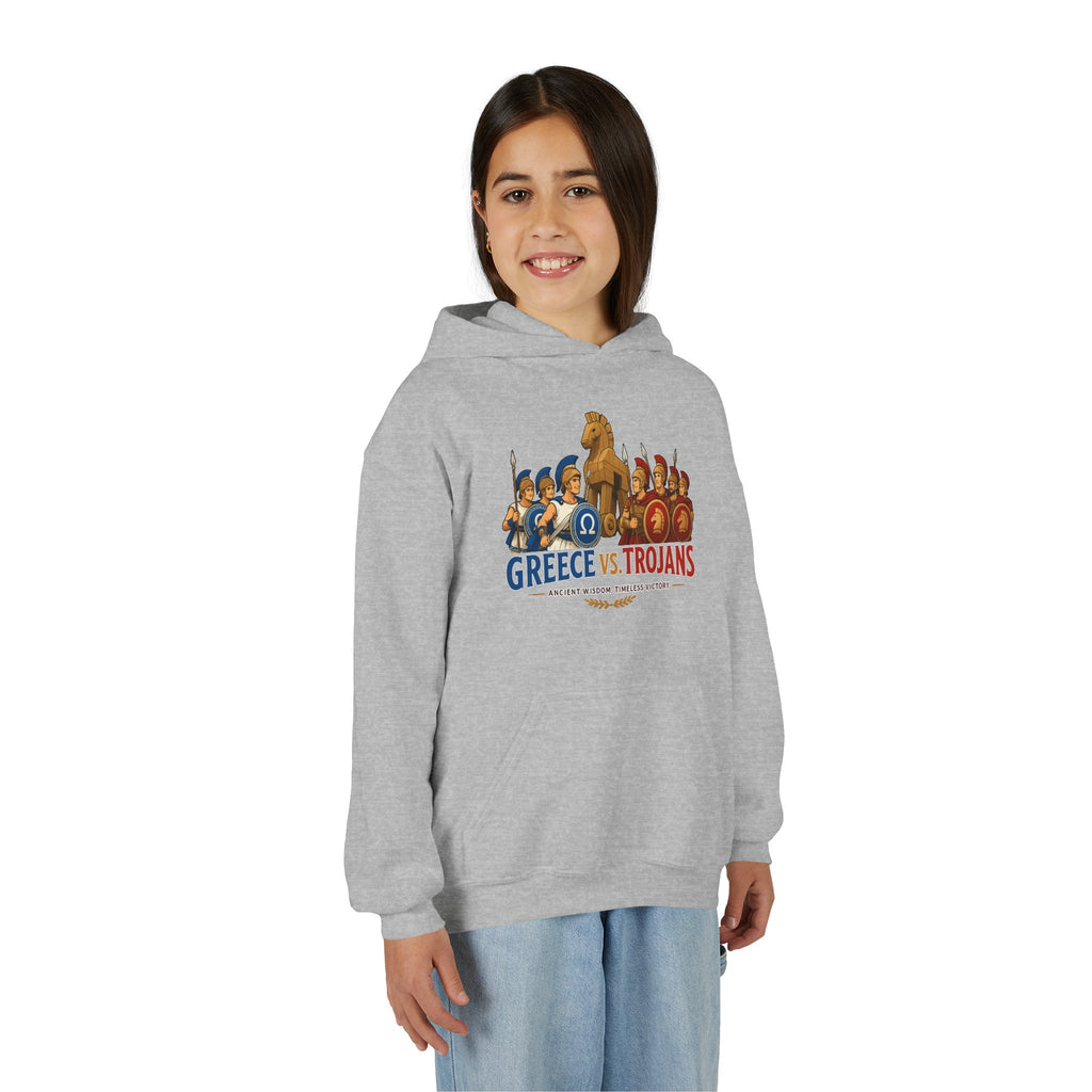Greece vs. Trojans Youth Hoodie — Mythical Spartan vs Trojan Battle Graphic