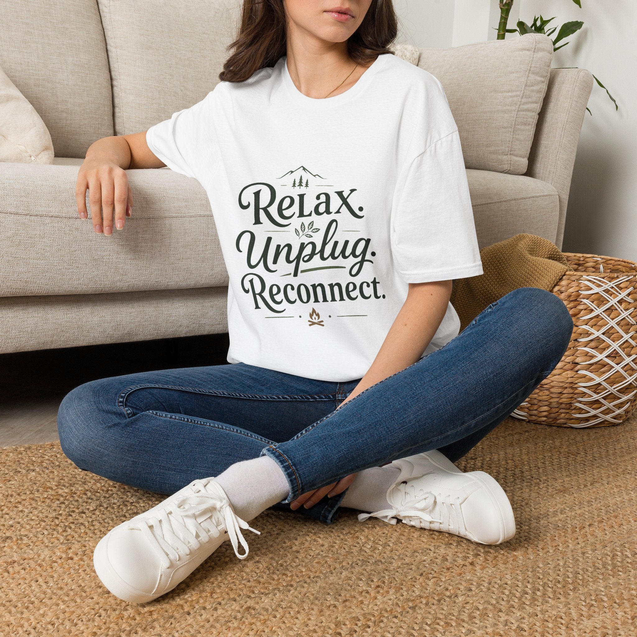 Relax Unplug Reconnect T-Shirt — Casual Inspirational Tee for Mindfulness & Retreat