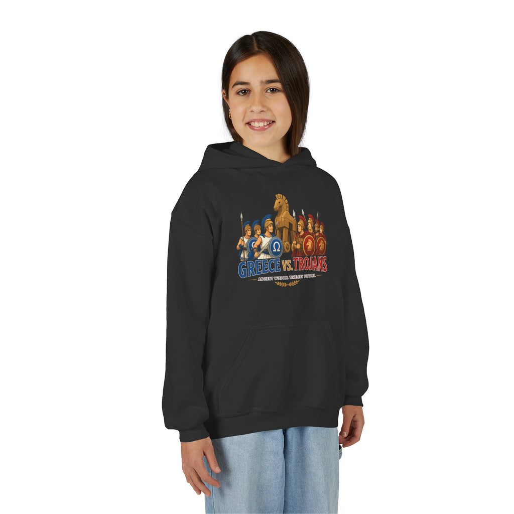 Greece vs. Trojans Youth Hoodie — Mythical Spartan vs Trojan Battle Graphic