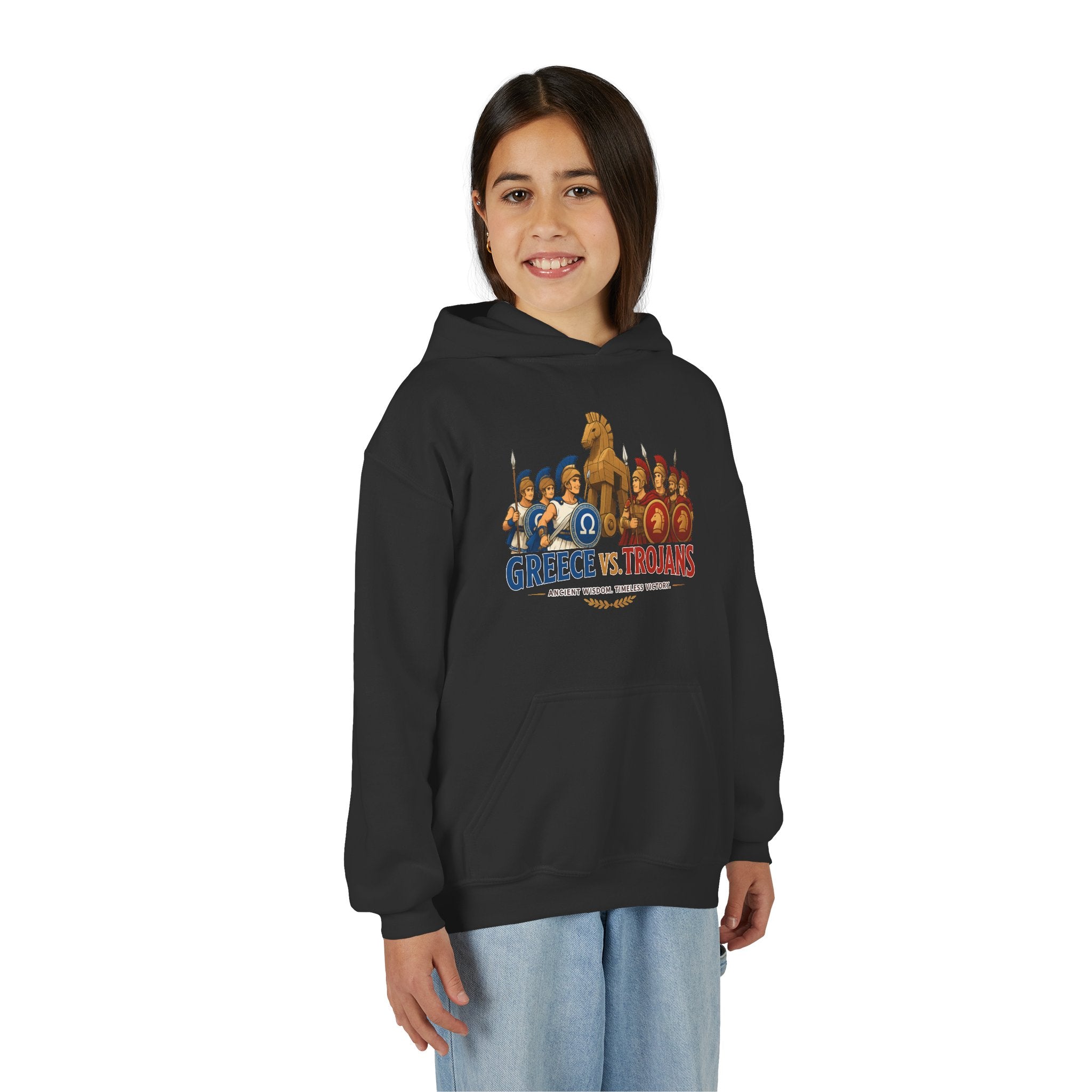 Greece vs. Trojans Youth Hoodie — Mythical Spartan vs Trojan Battle Graphic