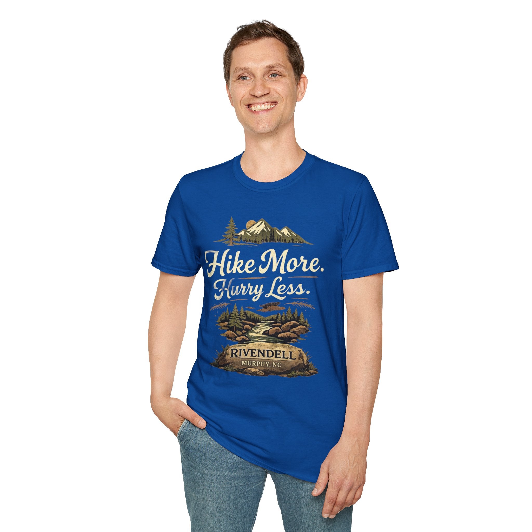 Hike More. Hurry Less. T-Shirt — Vintage Mountain Hiking Tee (Rivendell)