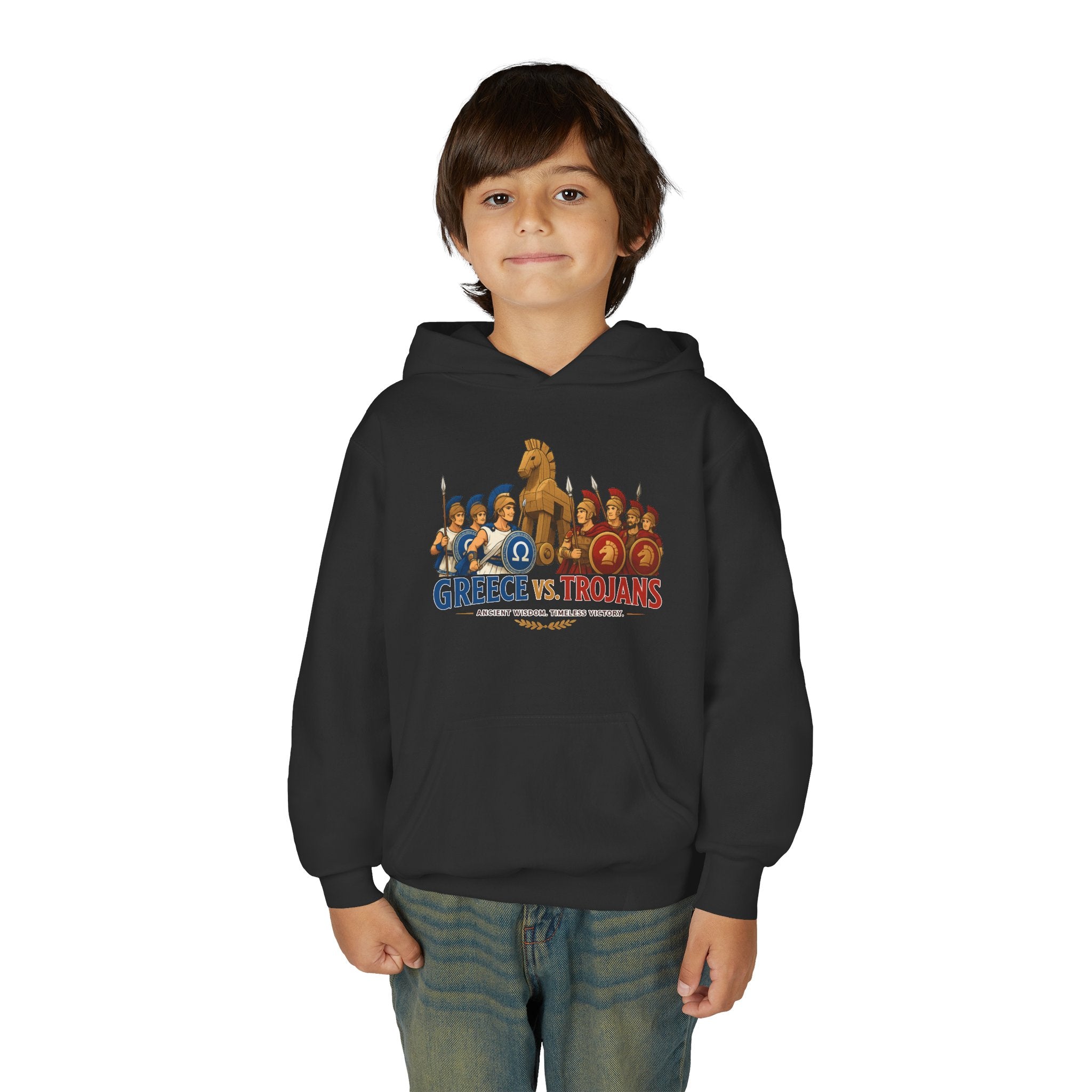 Greece vs. Trojans Youth Hoodie — Mythical Spartan vs Trojan Battle Graphic