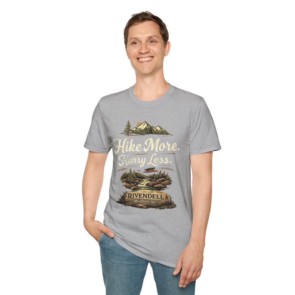Hike More. Hurry Less. T-Shirt — Vintage Mountain Hiking Tee (Rivendell)