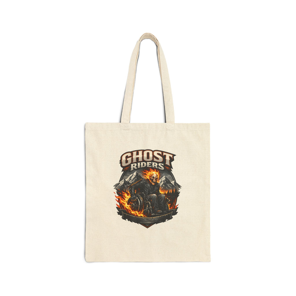 Ghost Riders Canvas Tote Bag — Motorcycle Skull Flame Graphic Cotton Tote
