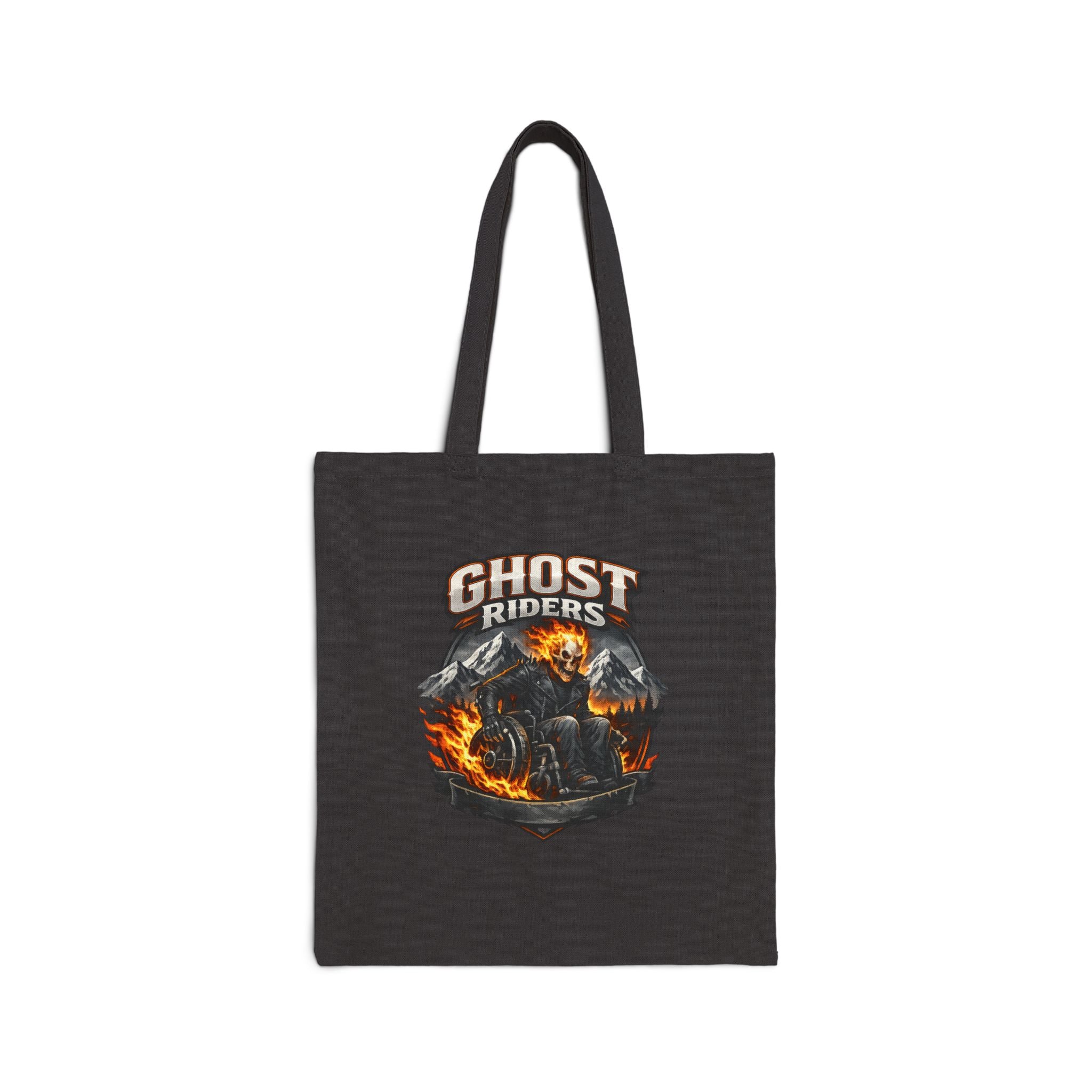 Ghost Riders Canvas Tote Bag — Motorcycle Skull Flame Graphic Cotton Tote