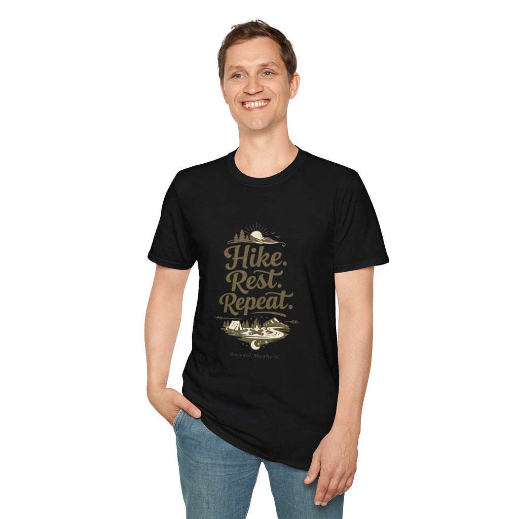 Hike. Rest. Repeat. Graphic Tee — Outdoor Hiking Nature Shirt (Rivendell)