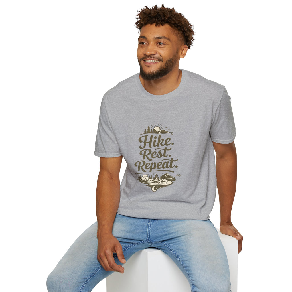 Hike. Rest. Repeat. T‑Shirt — Outdoor Hiking Adventure Tee