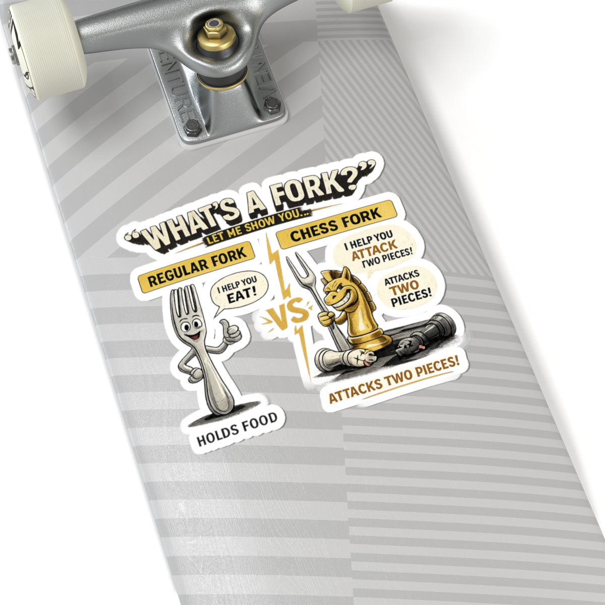 Chess Fork vs Regular Fork Sticker — Funny Chess Pun Kiss-Cut Sticker, "What's a Fork?" Design for Players & Gifts