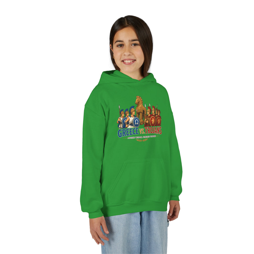 Greece vs. Trojans Youth Hoodie — Mythical Spartan vs Trojan Battle Graphic