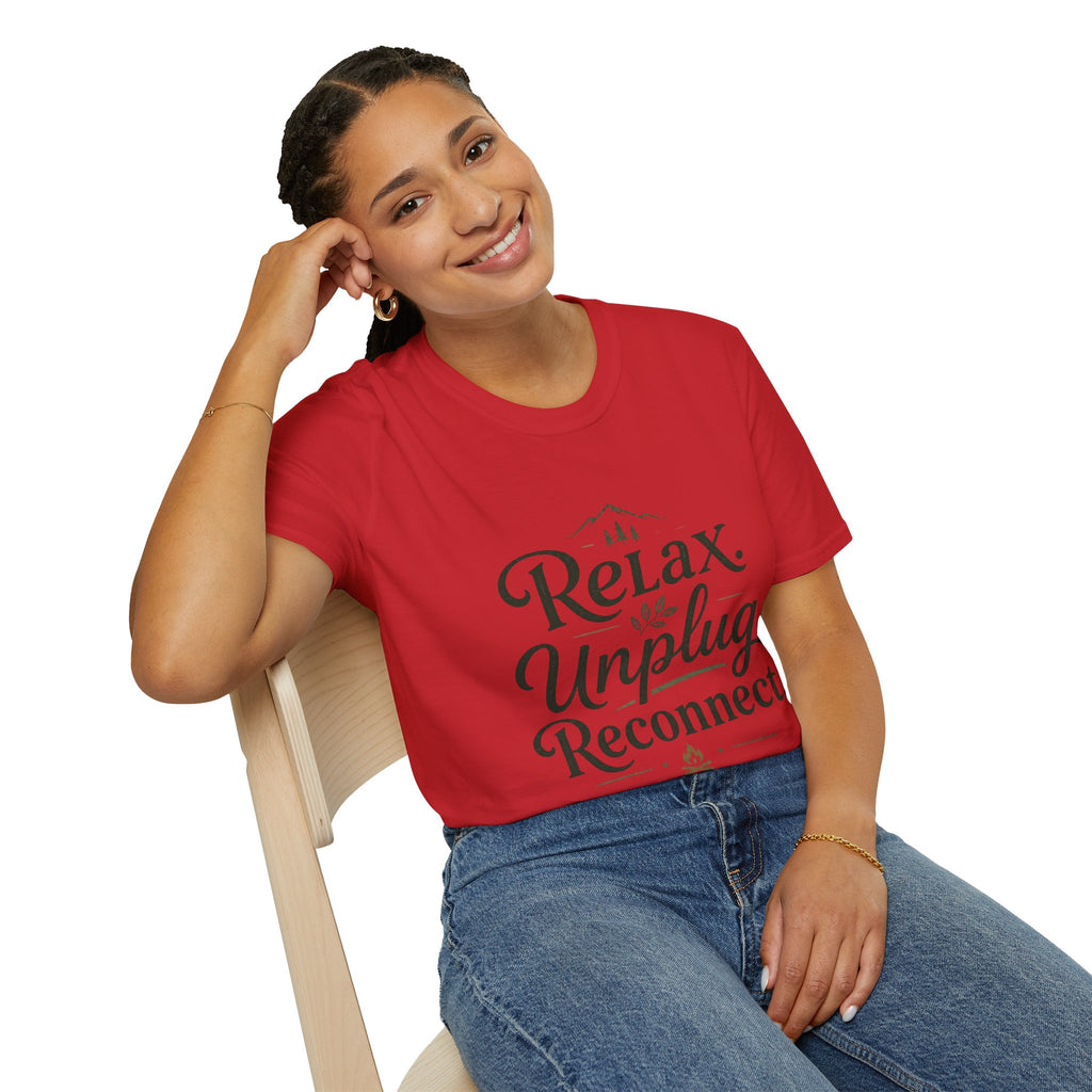 Relax Unplug Reconnect T-Shirt — Cozy Mindfulness Graphic Tee (Rivendell)