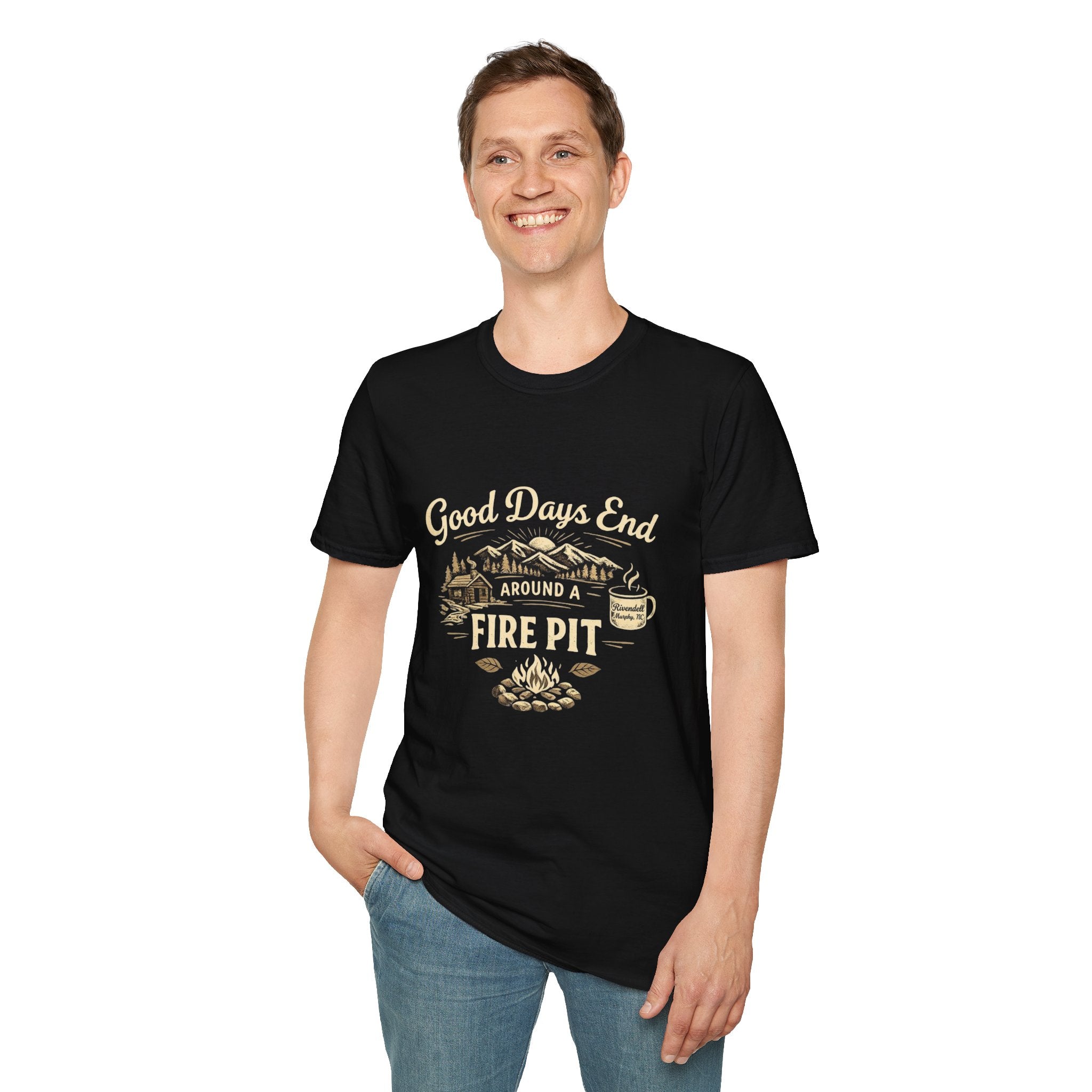 Good Days End Around a Fire Pit T-Shirt — Cozy Camping & Bonfire Tee