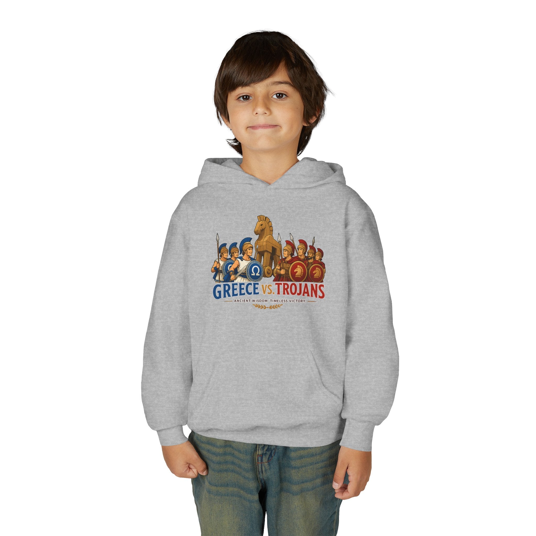 Greece vs. Trojans Youth Hoodie — Mythical Spartan vs Trojan Battle Graphic