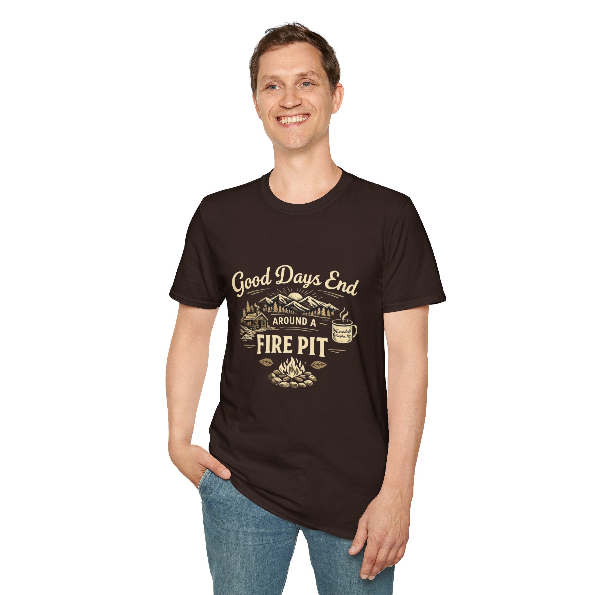Good Days End Around a Fire Pit T-Shirt — Cozy Camping & Bonfire Tee