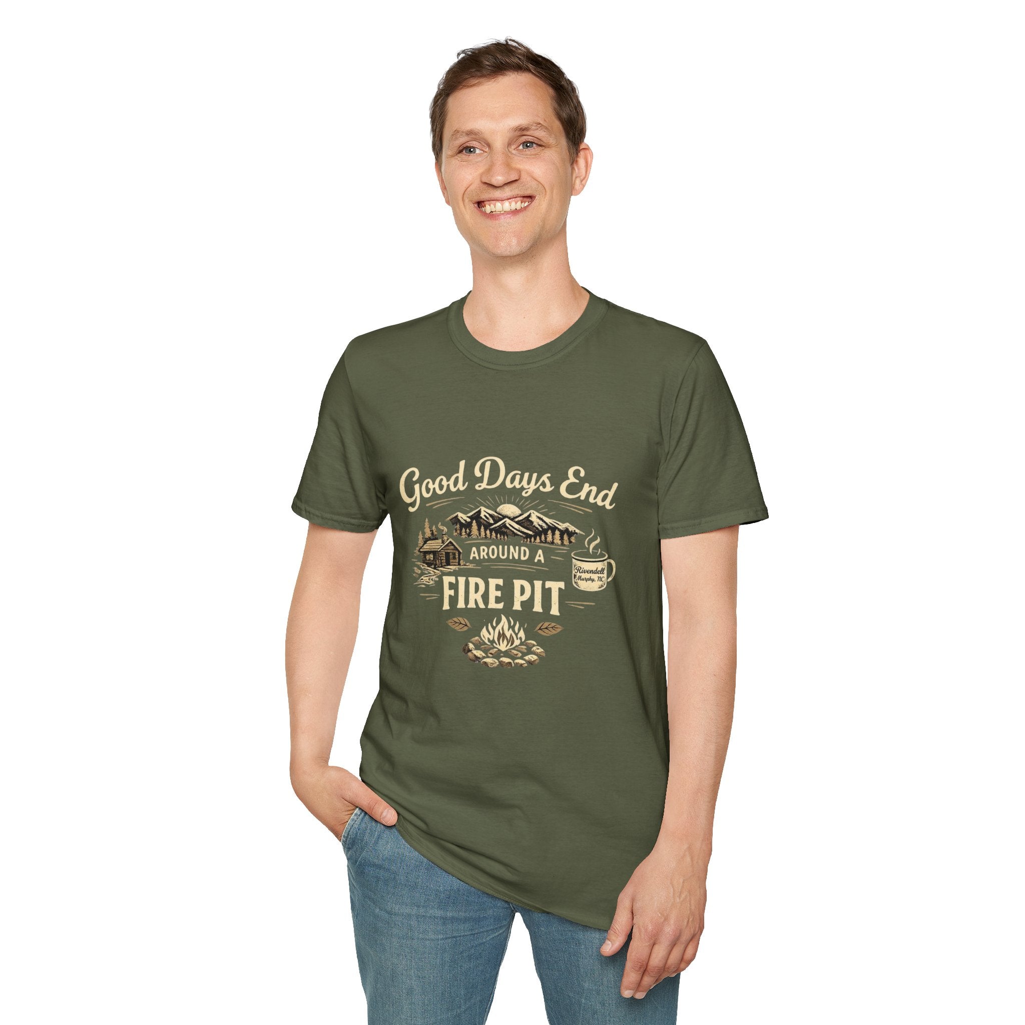 Good Days End Around a Fire Pit T-Shirt — Cozy Camping & Bonfire Tee