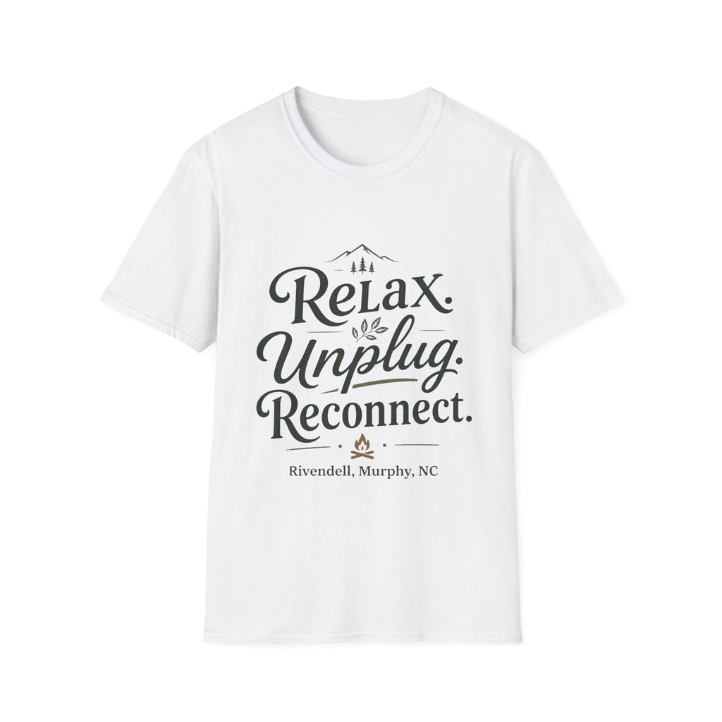 Relax Unplug Reconnect T-Shirt — Cozy Mindfulness Graphic Tee (Rivendell)