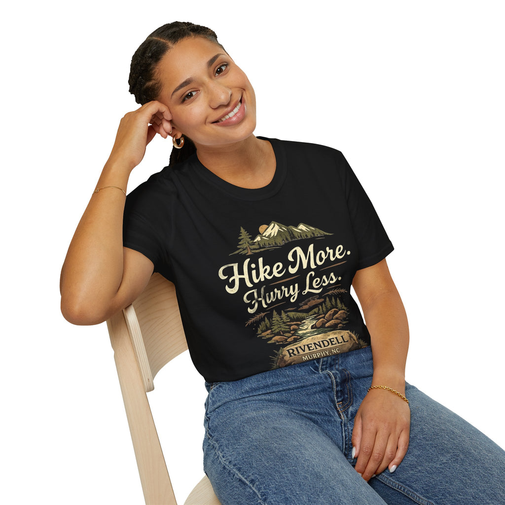 Hike More. Hurry Less. T-Shirt — Vintage Mountain Hiking Tee (Rivendell)