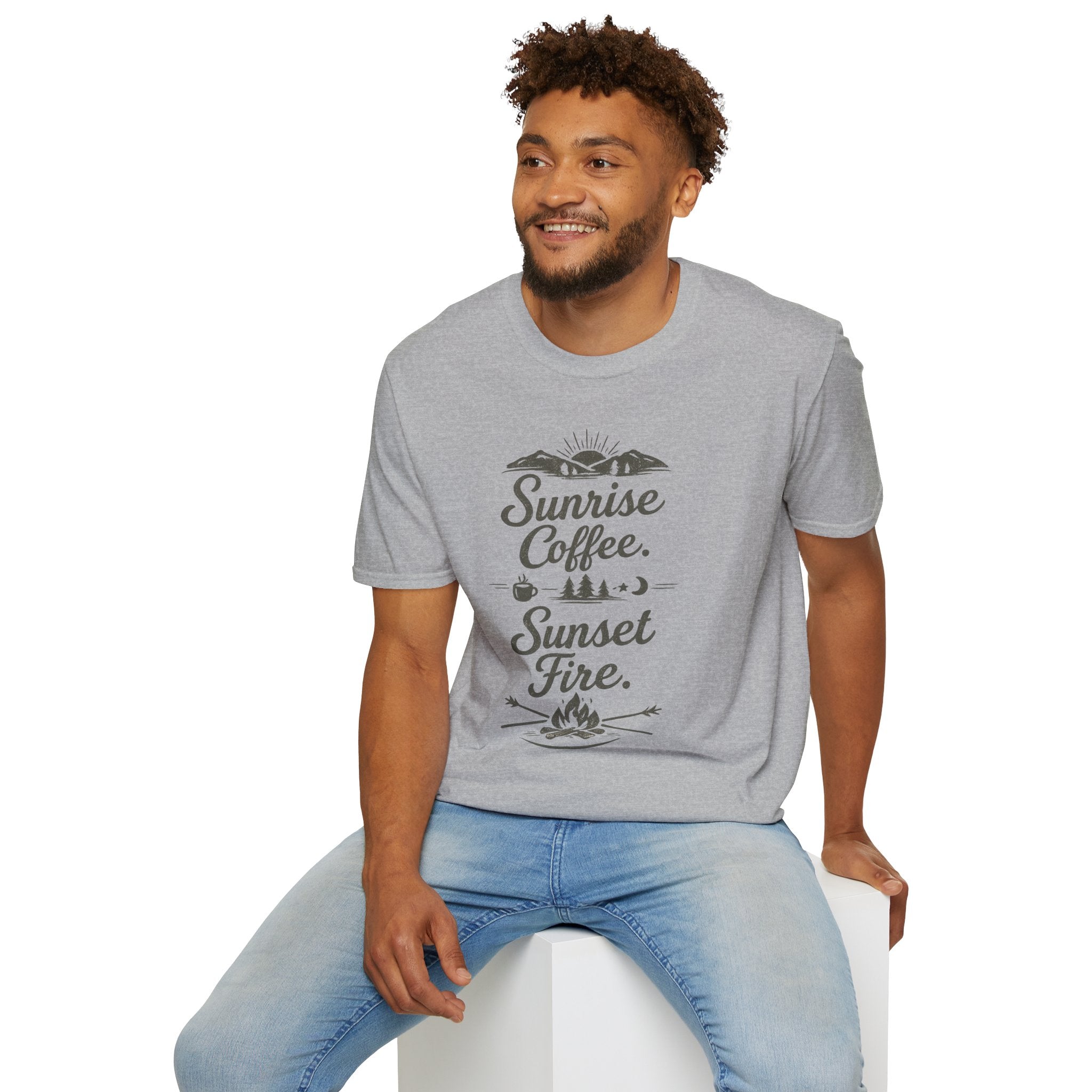 Sunrise Coffee Tee — 'Sunrise Coffee. Sunset Fire.' Camping Graphic T‑Shirt