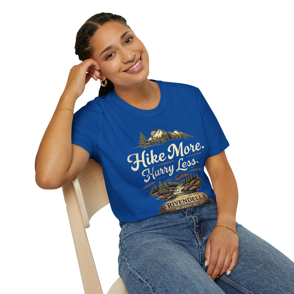 Hike More. Hurry Less. T-Shirt — Vintage Mountain Hiking Tee (Rivendell)