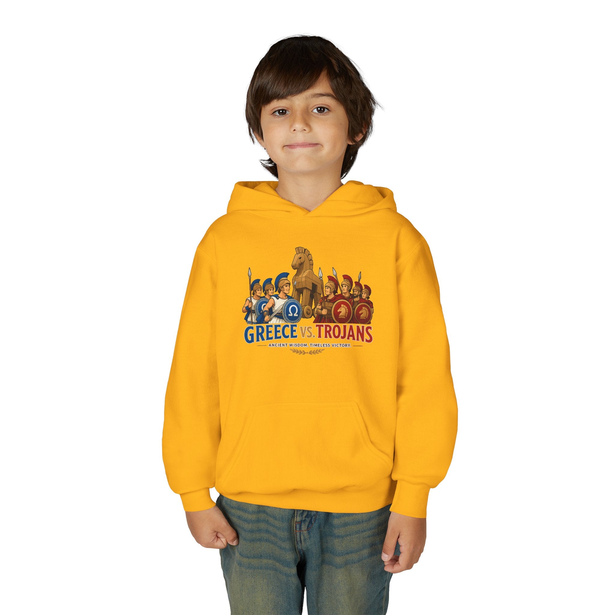 Greece vs. Trojans Youth Hoodie — Mythical Spartan vs Trojan Battle Graphic