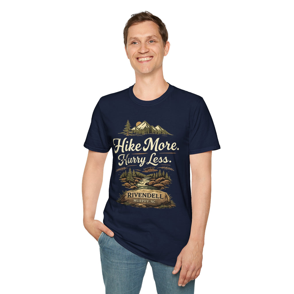 Hike More. Hurry Less. T-Shirt — Vintage Mountain Hiking Tee (Rivendell)