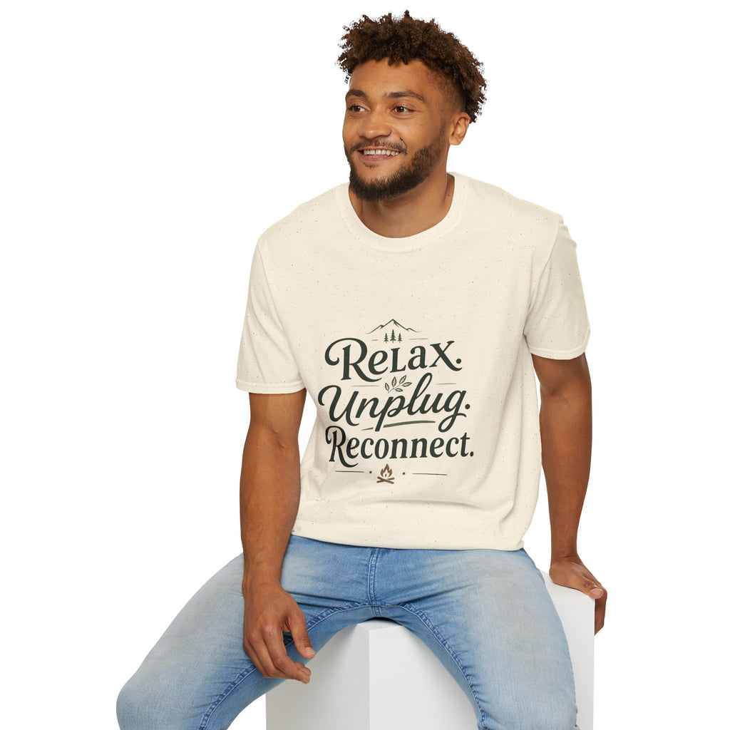 Relax Unplug Reconnect T-Shirt — Casual Inspirational Tee for Mindfulness & Retreat