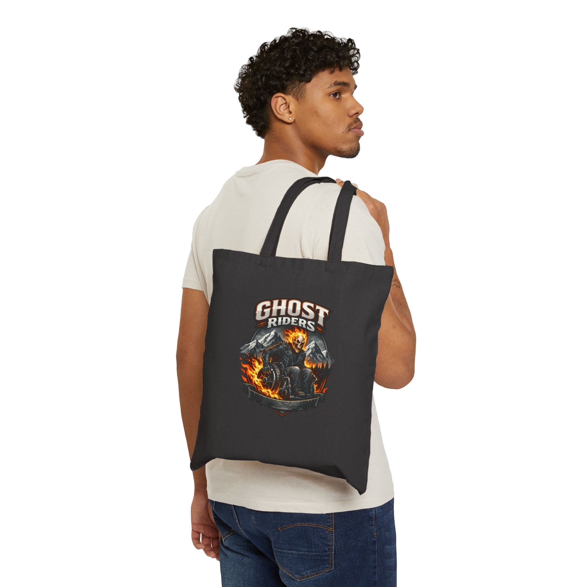 Ghost Riders Canvas Tote Bag — Motorcycle Skull Flame Graphic Cotton Tote