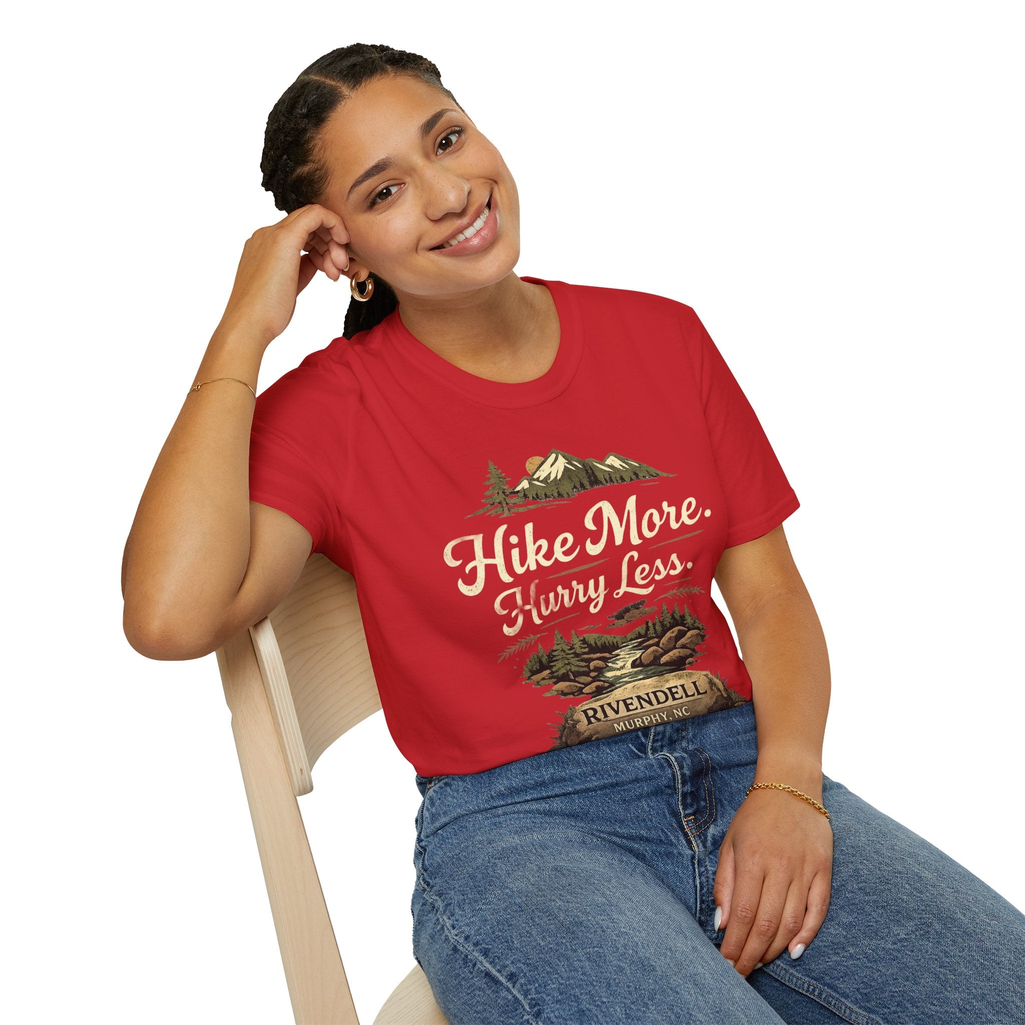 Hike More. Hurry Less. T-Shirt — Vintage Mountain Hiking Tee (Rivendell)