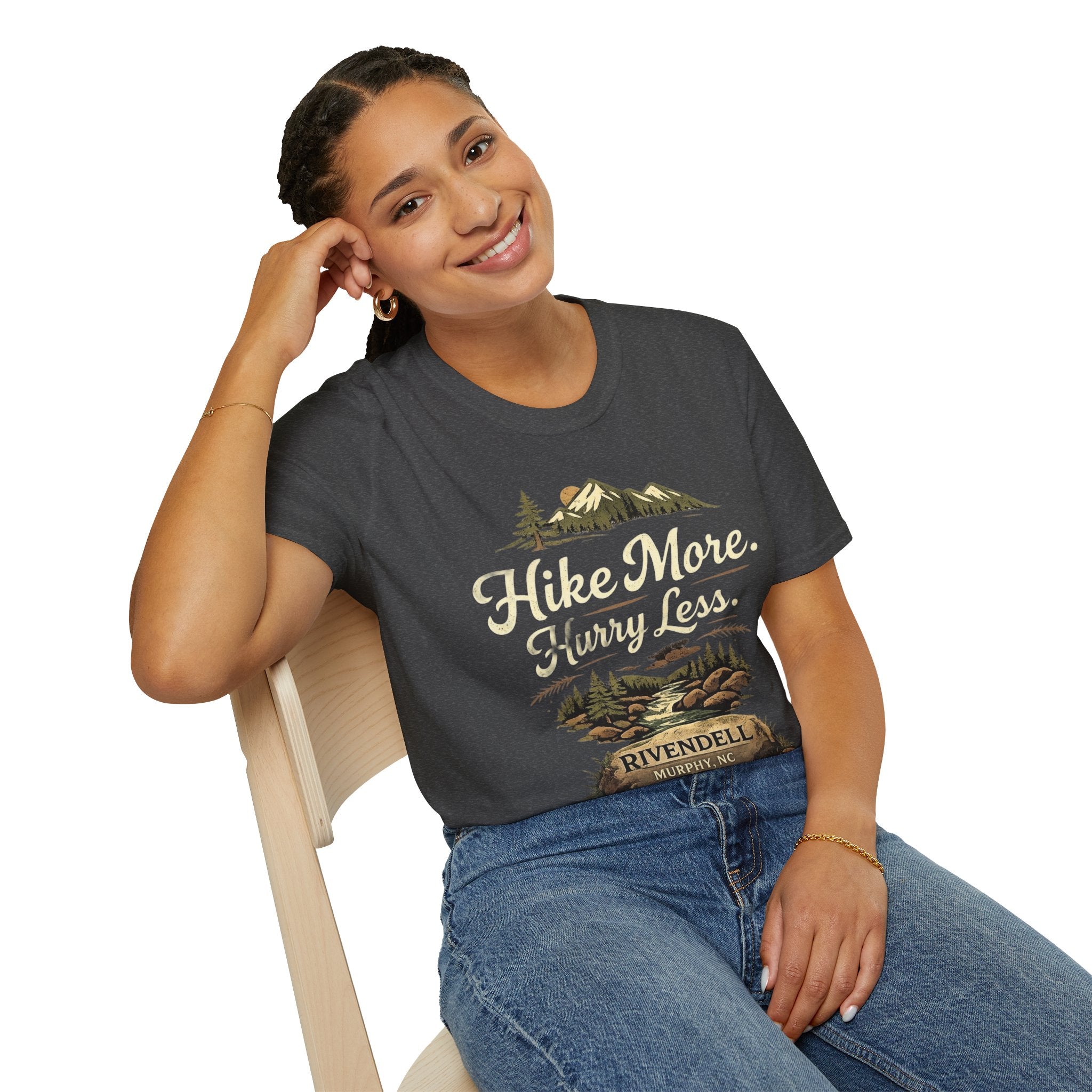 Hike More. Hurry Less. T-Shirt — Vintage Mountain Hiking Tee (Rivendell)