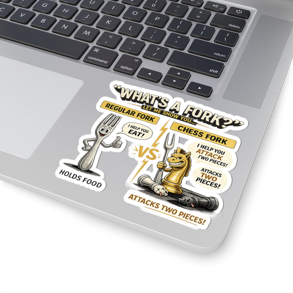 Chess Fork vs Regular Fork Sticker — Funny Chess Pun Kiss-Cut Sticker, "What's a Fork?" Design for Players & Gifts