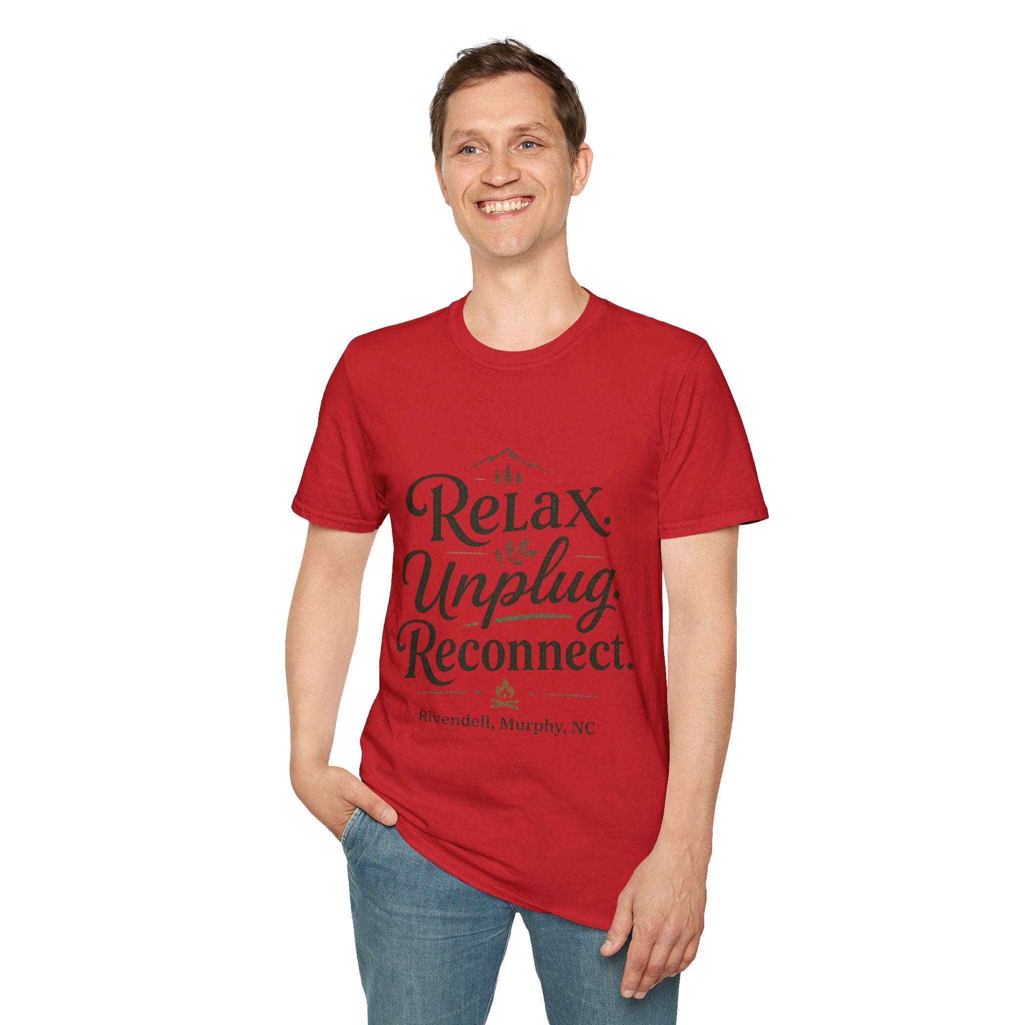 Relax Unplug Reconnect T-Shirt — Cozy Mindfulness Graphic Tee (Rivendell)