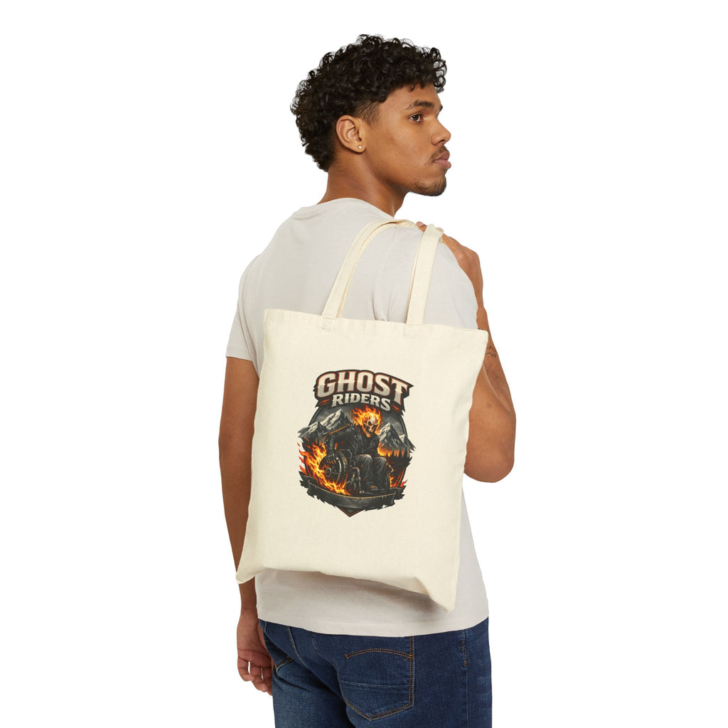Ghost Riders Canvas Tote Bag — Motorcycle Skull Flame Graphic Cotton Tote