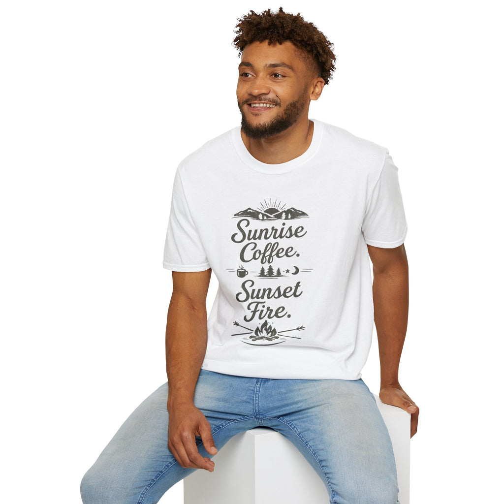 Sunrise Coffee Tee — 'Sunrise Coffee. Sunset Fire.' Camping Graphic T‑Shirt