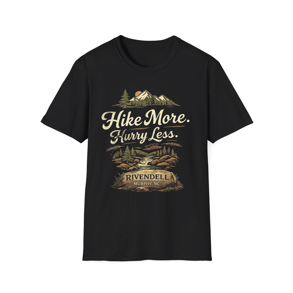 Hike More. Hurry Less. T-Shirt — Vintage Mountain Hiking Tee (Rivendell)