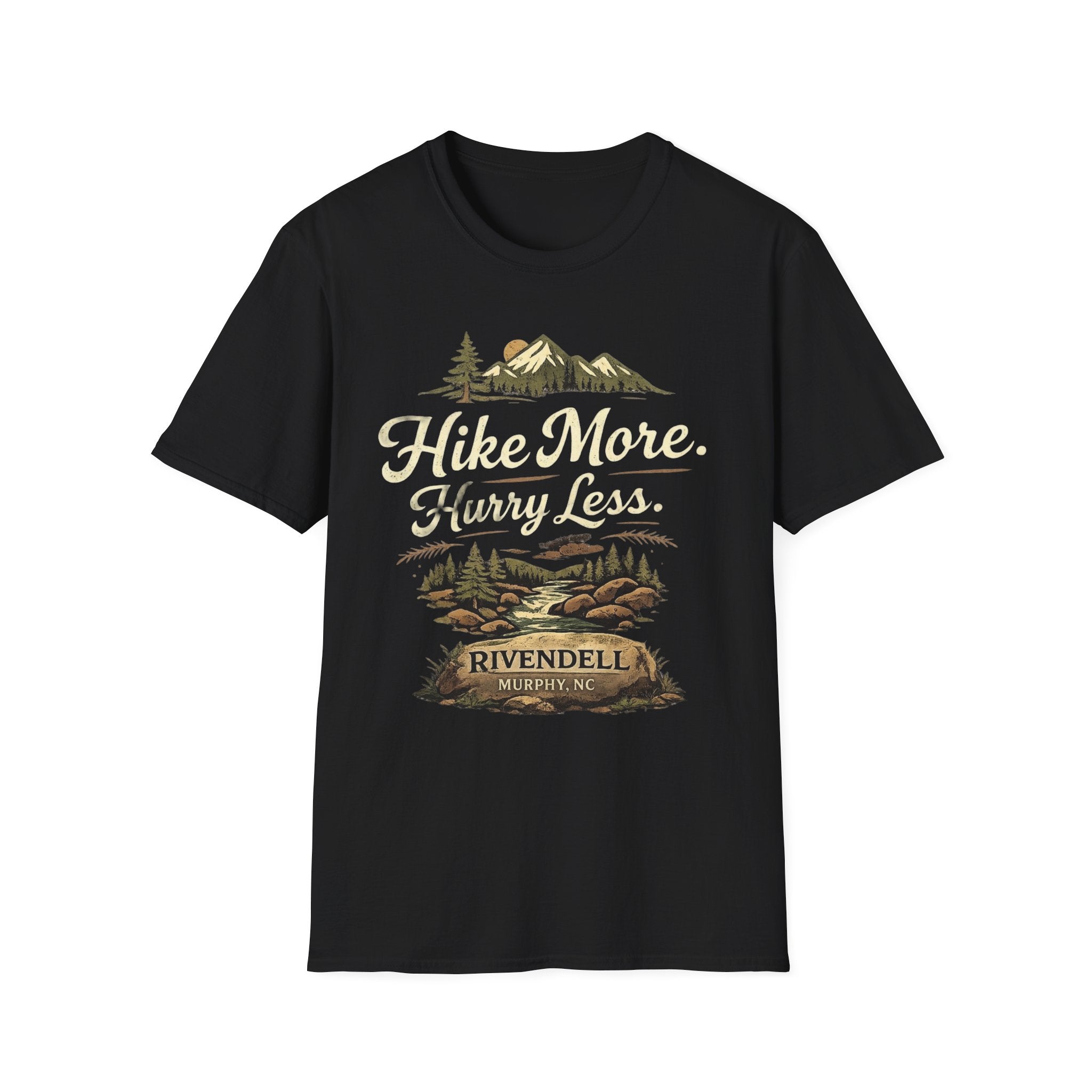 Hike More. Hurry Less. T-Shirt — Vintage Mountain Hiking Tee (Rivendell)