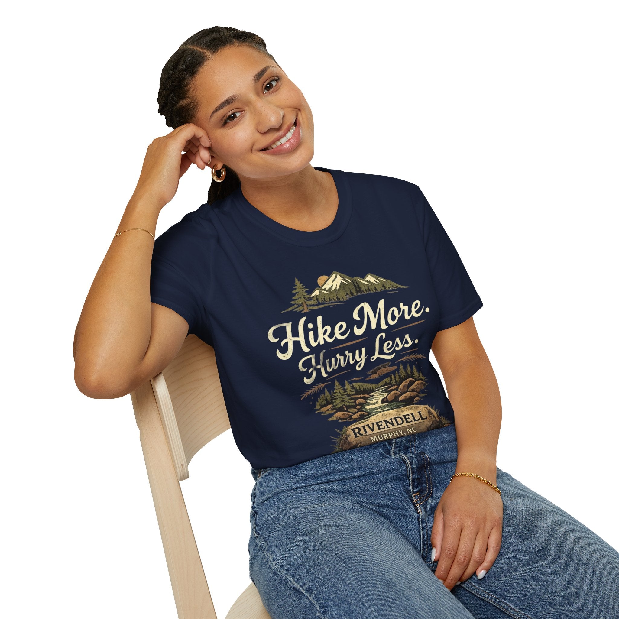 Hike More. Hurry Less. T-Shirt — Vintage Mountain Hiking Tee (Rivendell)