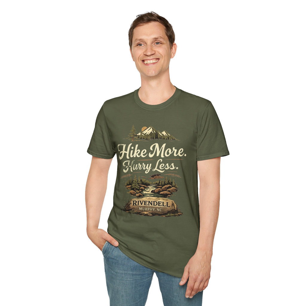 Hike More. Hurry Less. T-Shirt — Vintage Mountain Hiking Tee (Rivendell)