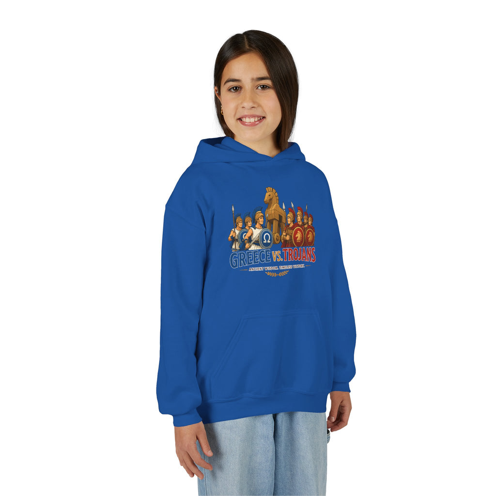 Greece vs. Trojans Youth Hoodie — Mythical Spartan vs Trojan Battle Graphic