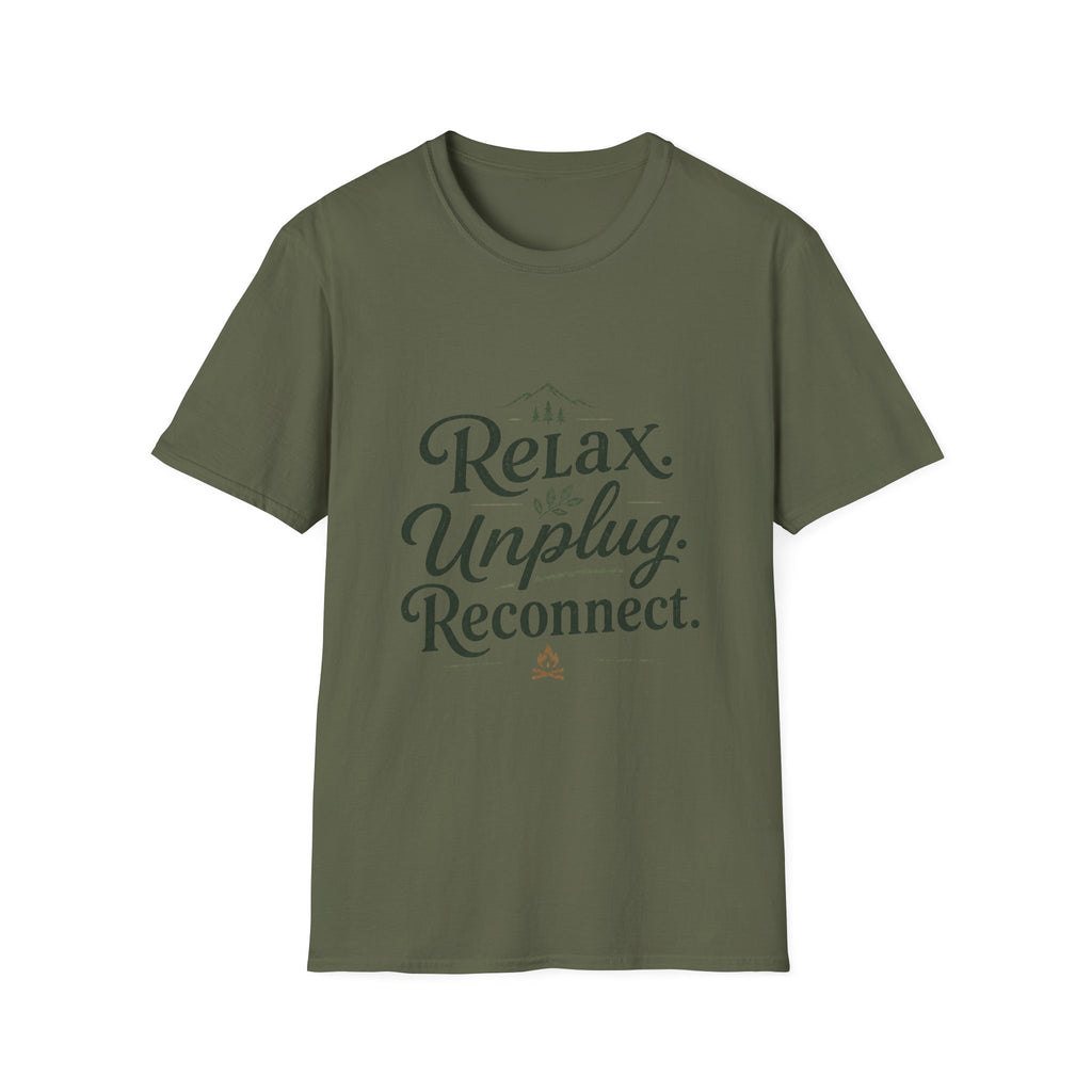 Relax Unplug Reconnect T-Shirt — Casual Inspirational Tee for Mindfulness & Retreat