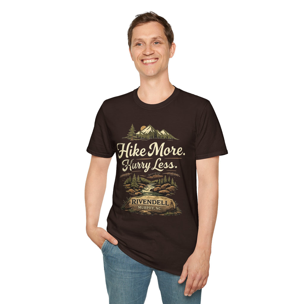 Hike More. Hurry Less. T-Shirt — Vintage Mountain Hiking Tee (Rivendell)