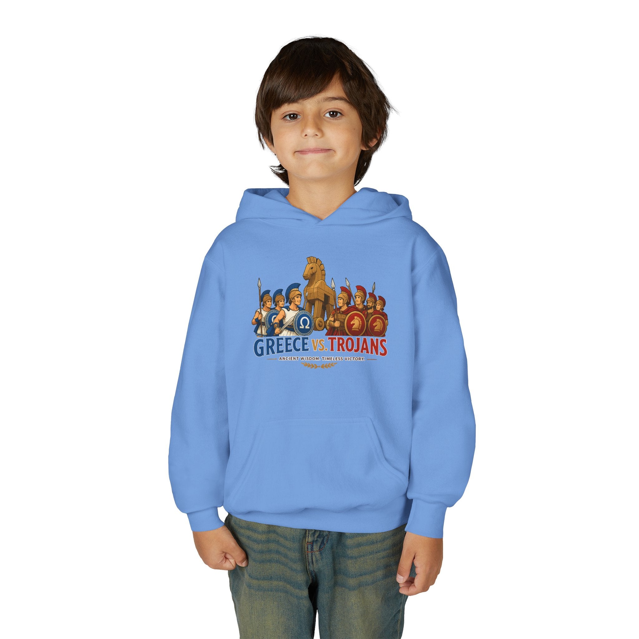 Greece vs. Trojans Youth Hoodie — Mythical Spartan vs Trojan Battle Graphic