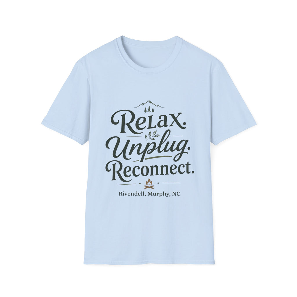 Relax Unplug Reconnect T-Shirt — Cozy Mindfulness Graphic Tee (Rivendell)