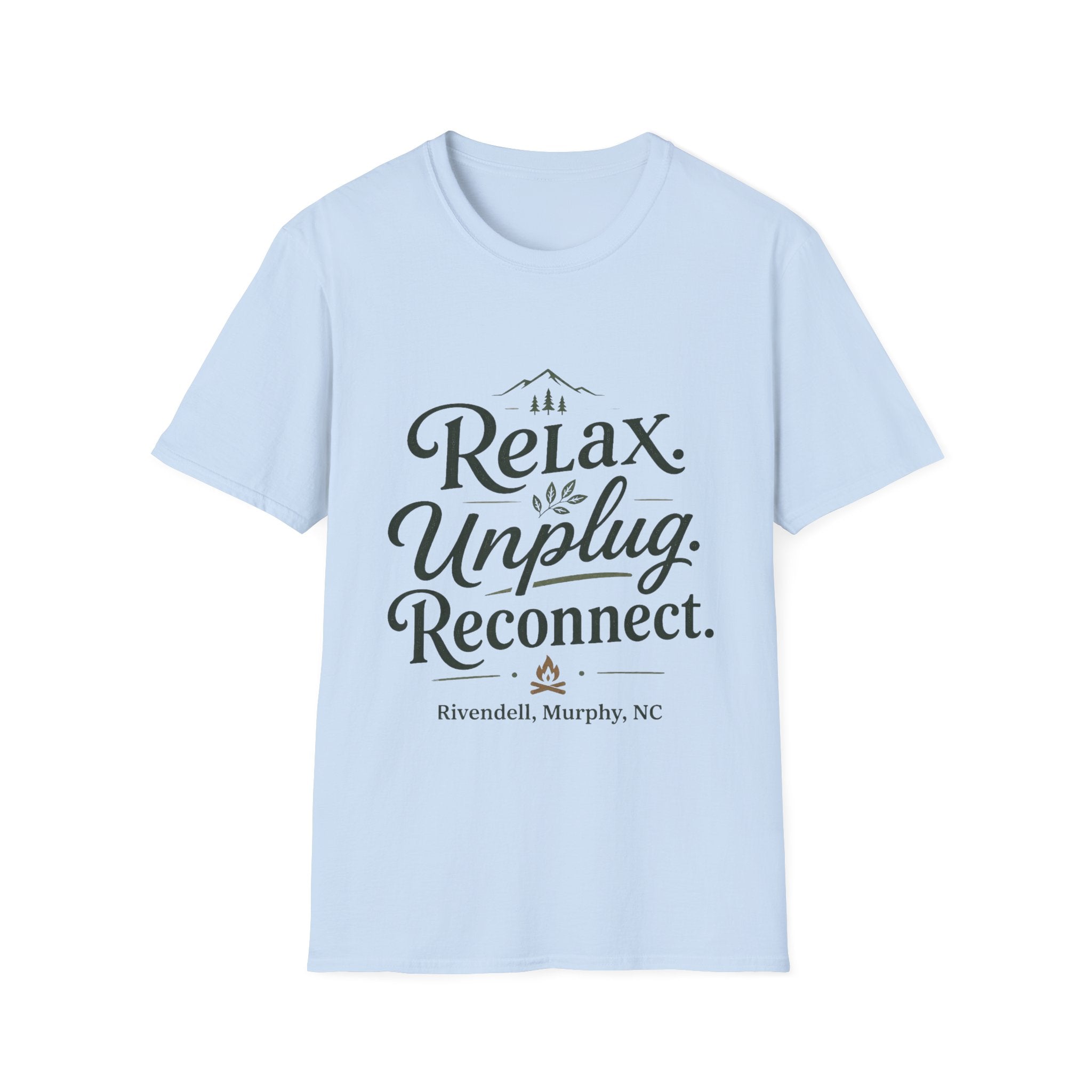 Relax Unplug Reconnect T-Shirt — Cozy Mindfulness Graphic Tee (Rivendell)