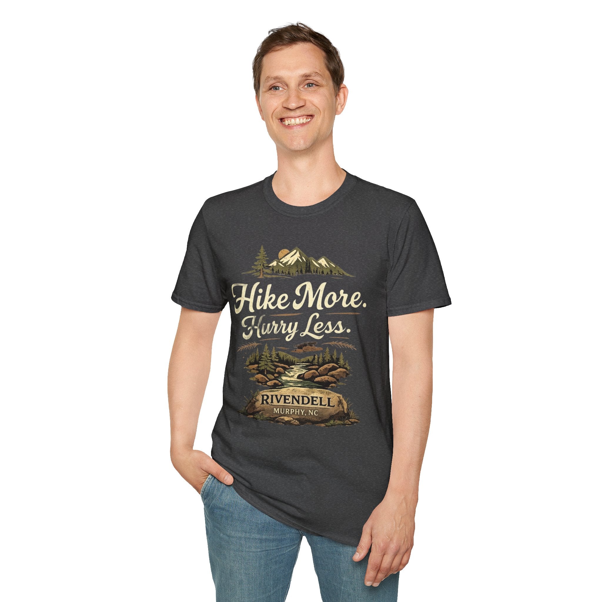 Hike More. Hurry Less. T-Shirt — Vintage Mountain Hiking Tee (Rivendell)