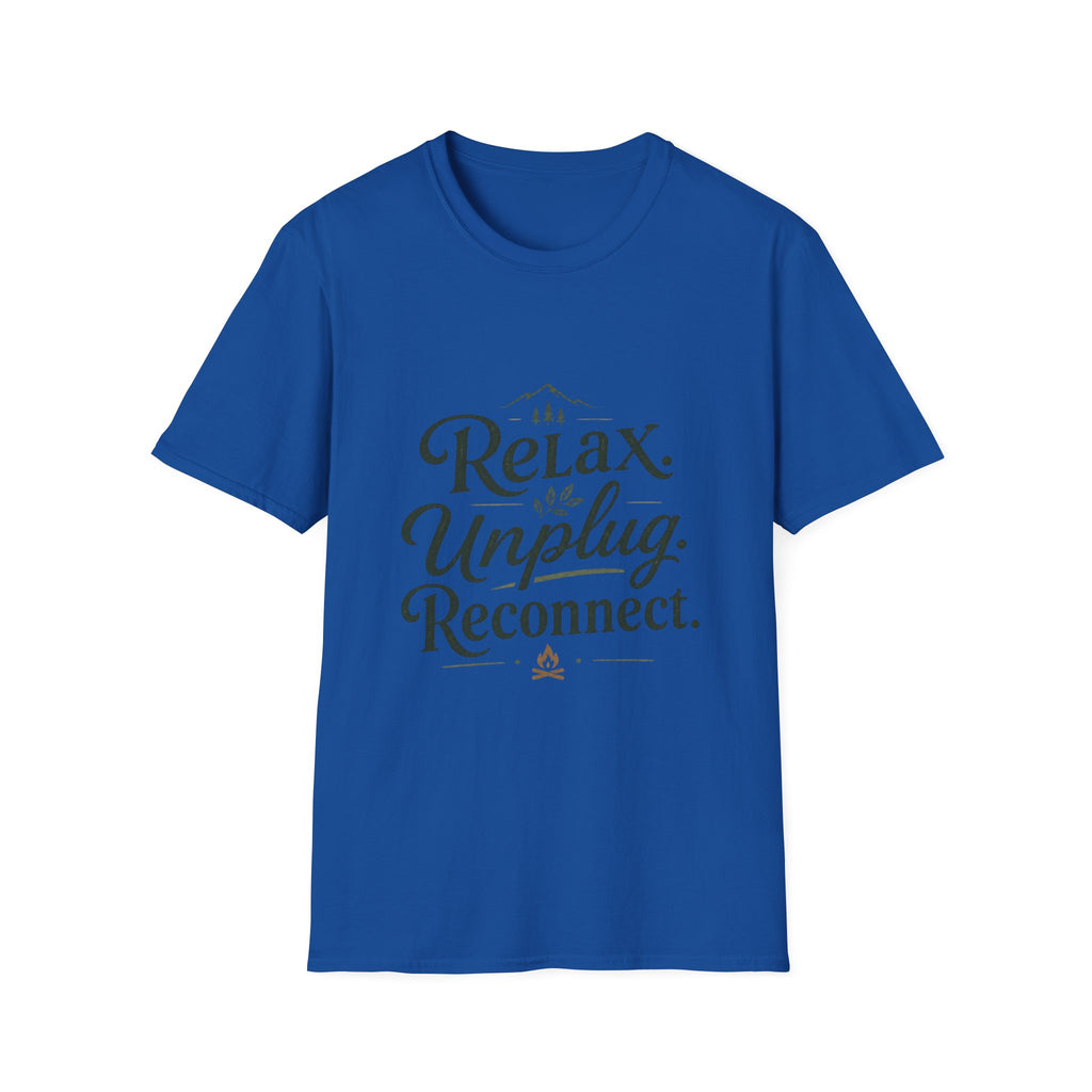 Relax Unplug Reconnect T-Shirt — Casual Inspirational Tee for Mindfulness & Retreat
