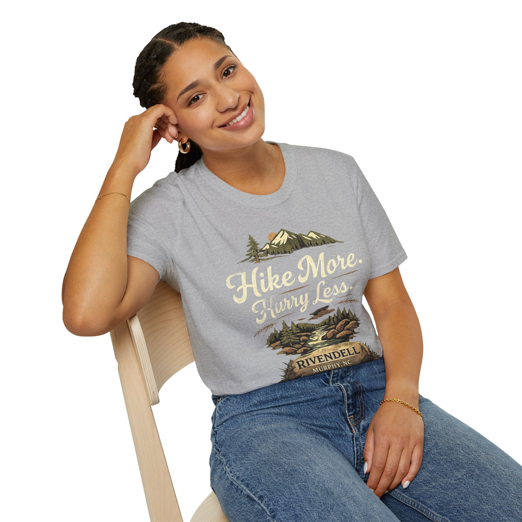 Hike More. Hurry Less. T-Shirt — Vintage Mountain Hiking Tee (Rivendell)