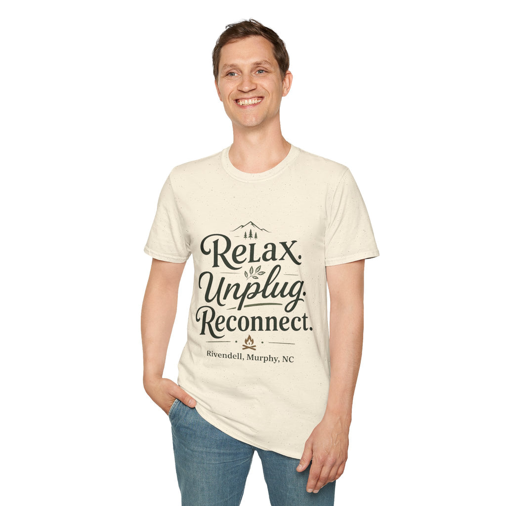 Relax Unplug Reconnect T-Shirt — Cozy Mindfulness Graphic Tee (Rivendell)