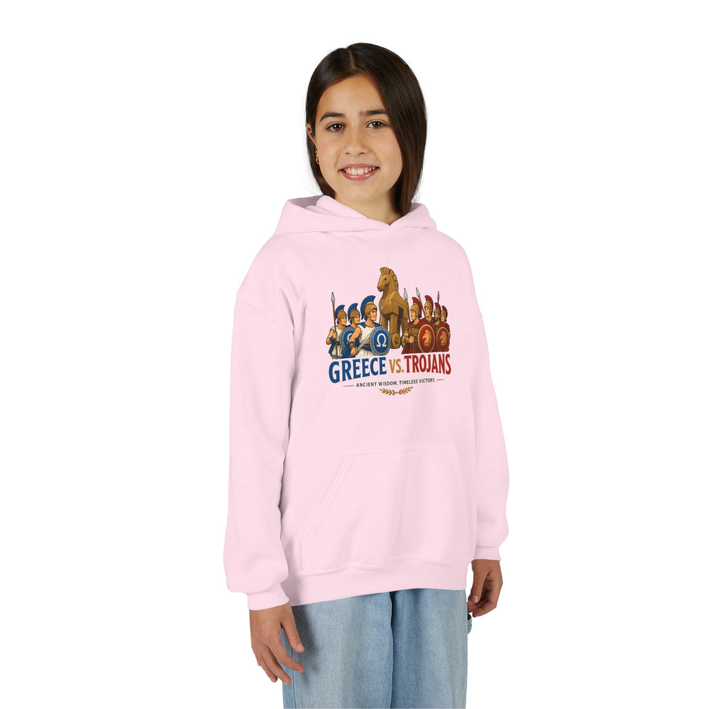 Greece vs. Trojans Youth Hoodie — Mythical Spartan vs Trojan Battle Graphic