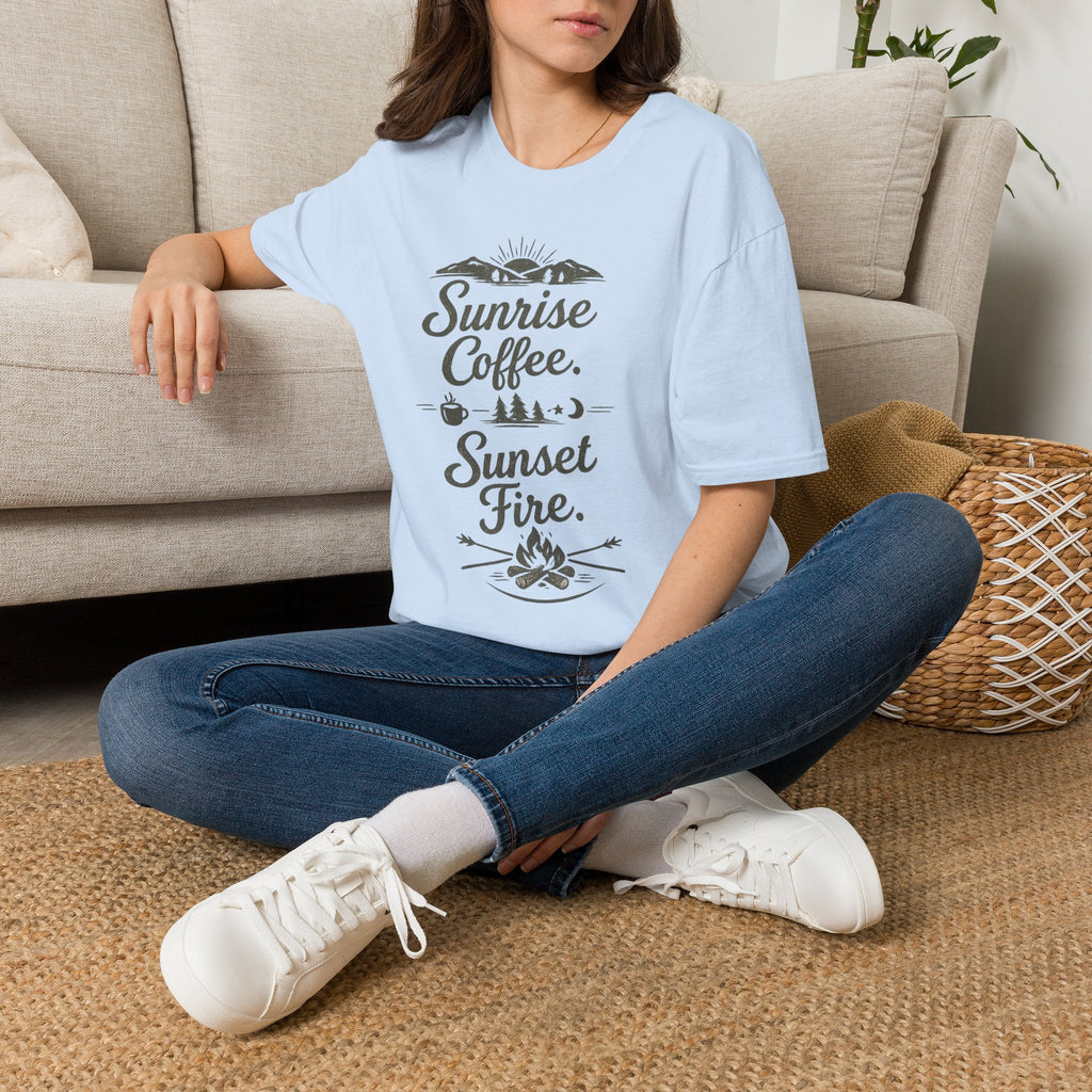 Sunrise Coffee Tee — 'Sunrise Coffee. Sunset Fire.' Camping Graphic T‑Shirt